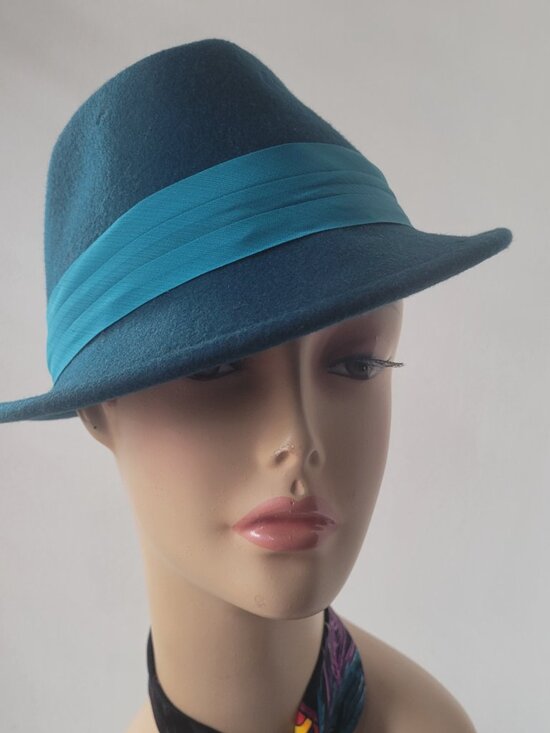 Apt 9 Teal Felt Velour Asymmetrical Fedora Hat with Contrasting Ribbon Band main image 13